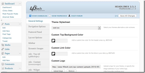 WooThemes Headlines options page