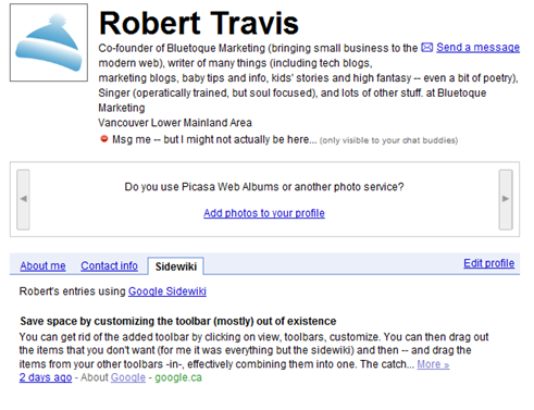 Google Profile of Author Robert Travis - Note Sidewiki post | 40tech.com 
