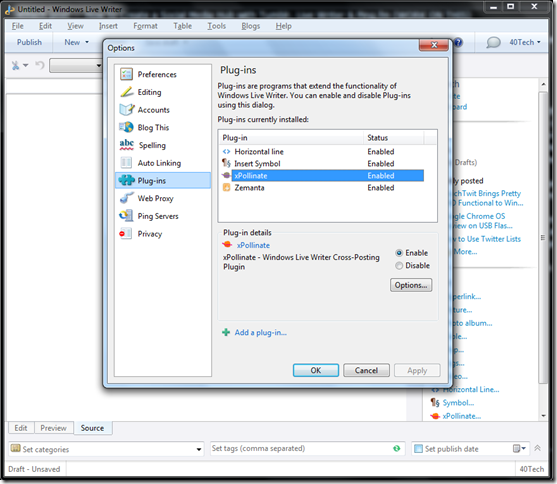 Enabling Plugins in Windows Live Writer 