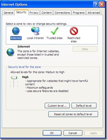 Internet Explorer 8 Security tab
