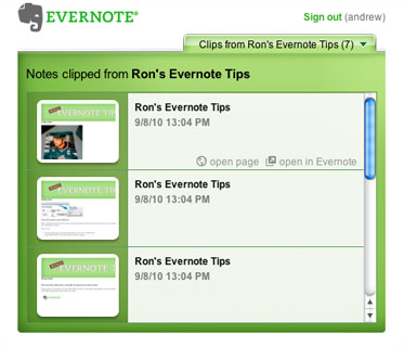 Evernote Site Memory Favourites Feature