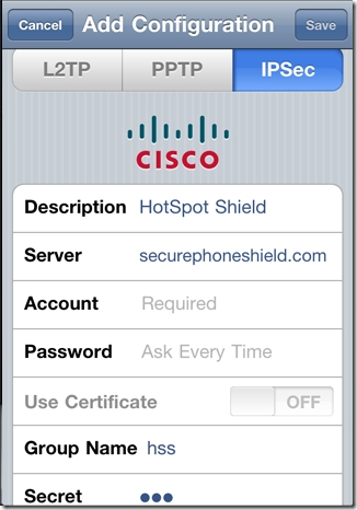 Hotspot Shield iPhone Configuration 